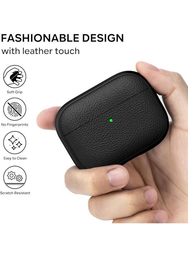 غطاء حماية مقاوم للصدمات من مادة TPU بنسيج جلدي متوافق مع سماعات AirPods Pro 3 (2025)، مزود بسلسلة مفاتيح، مع إمكانية رؤية مؤشر LED الأمامي، لسماعات AirPods Pro من الجيل الثالث (أسود). - Image 3